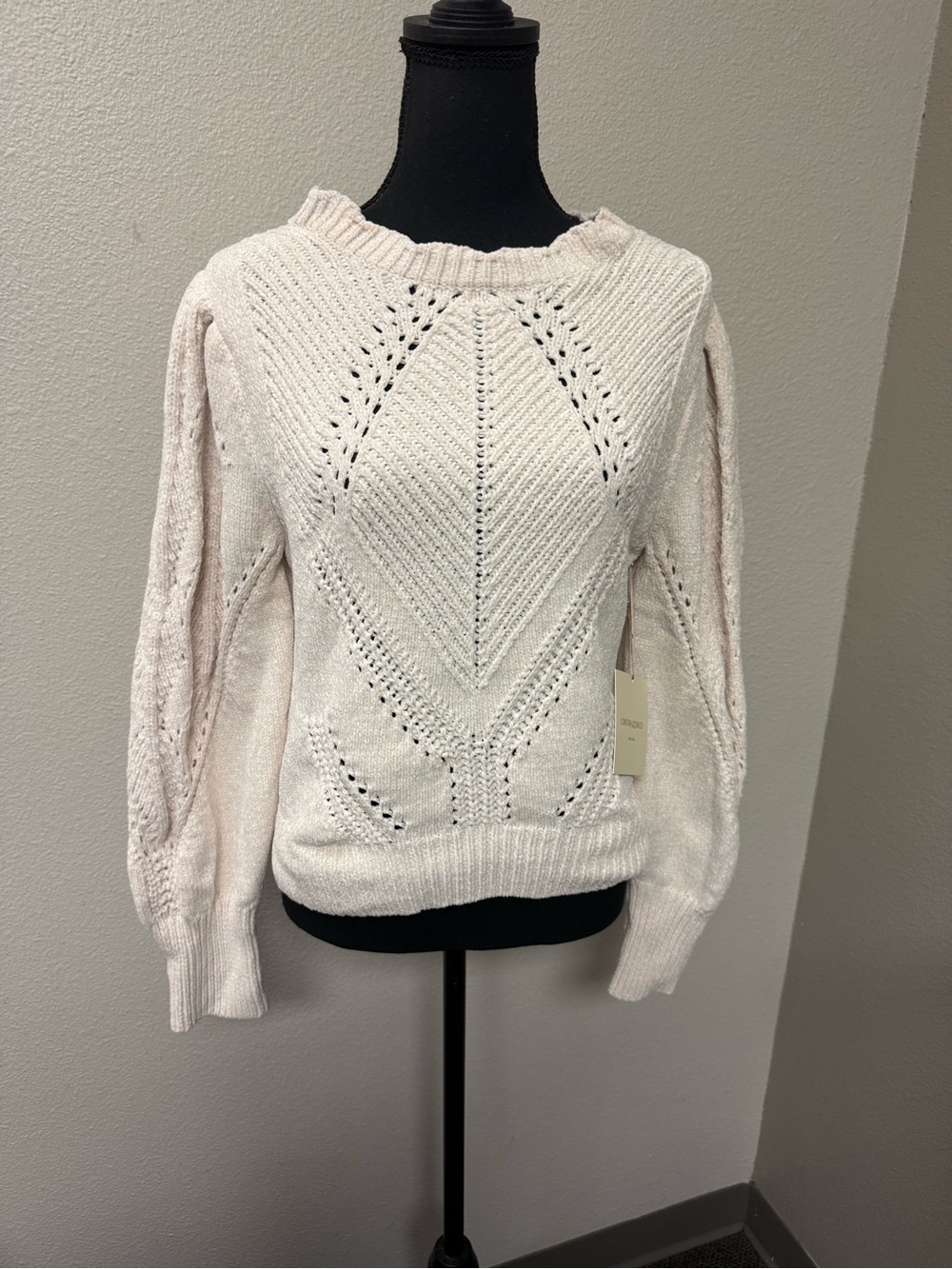 NWT Cynthia Rowley Cream Chenille Pointelle Sweater XS Cozy Cottagecore Knit - Picture 2 of 9